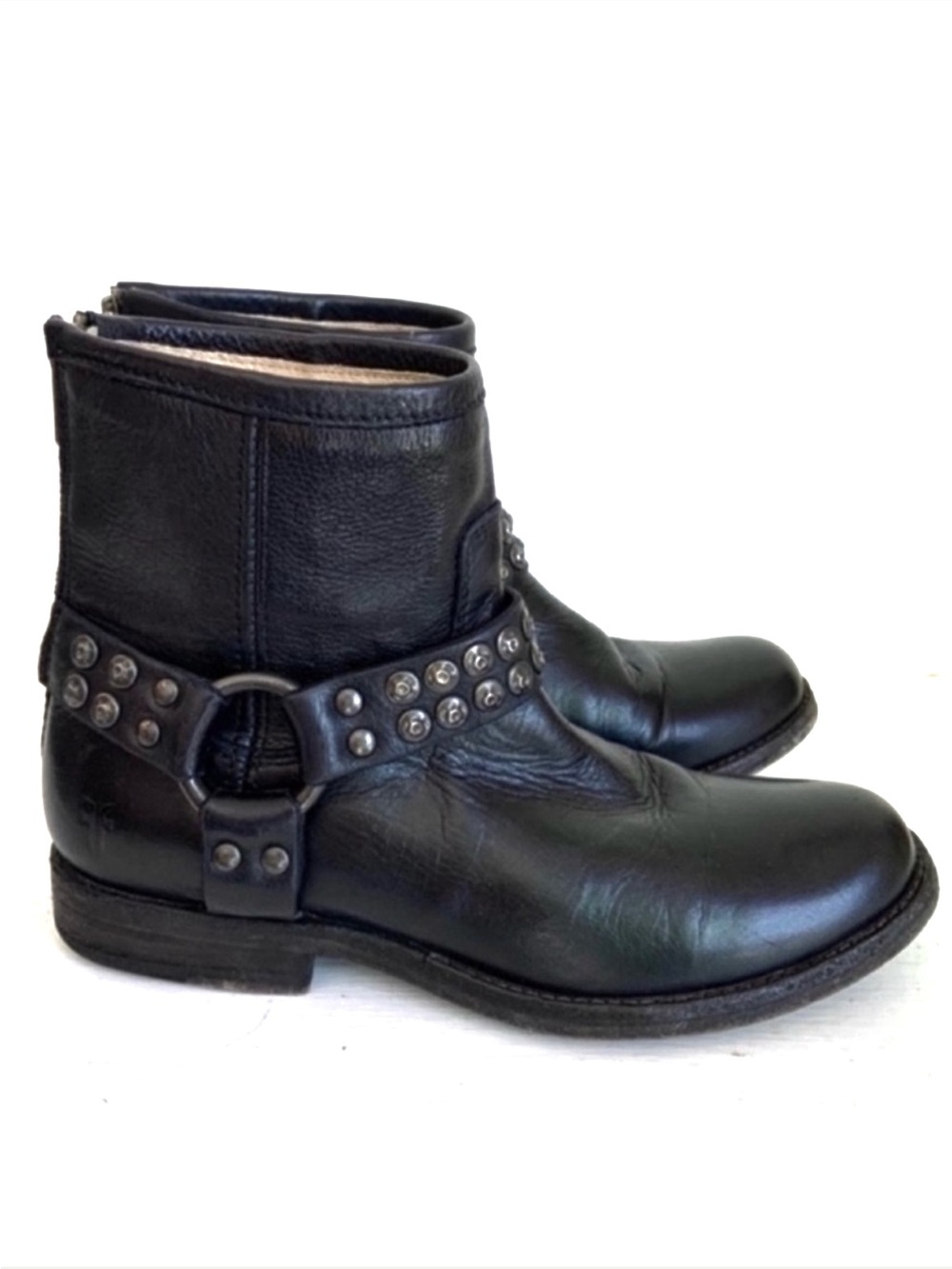 Frye Phillip Black Leather Studded Harness Ankle Boots Size 6